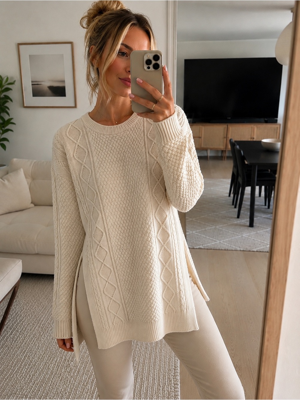 GUESS Cream Cable Knit Tunic Sweater -Side Slits - Size S - Picture 2 of 4